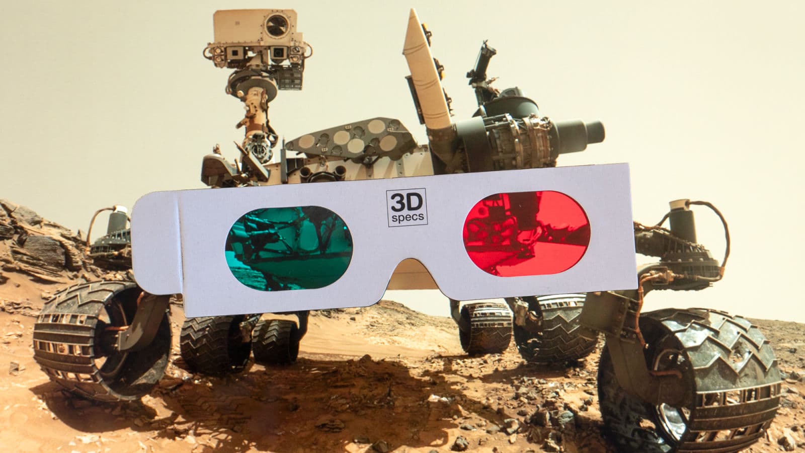 Rover curiosity ao fundo em montagem com óculos 3D