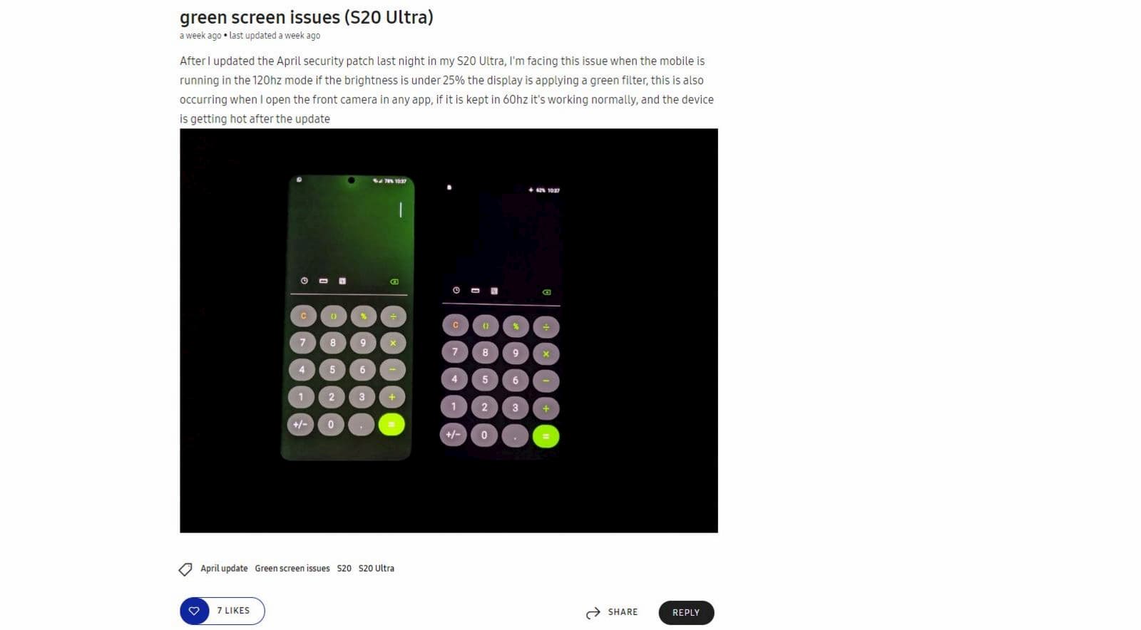 Usuário mostra a tela esverdeada do Galaxy S20 Ultra