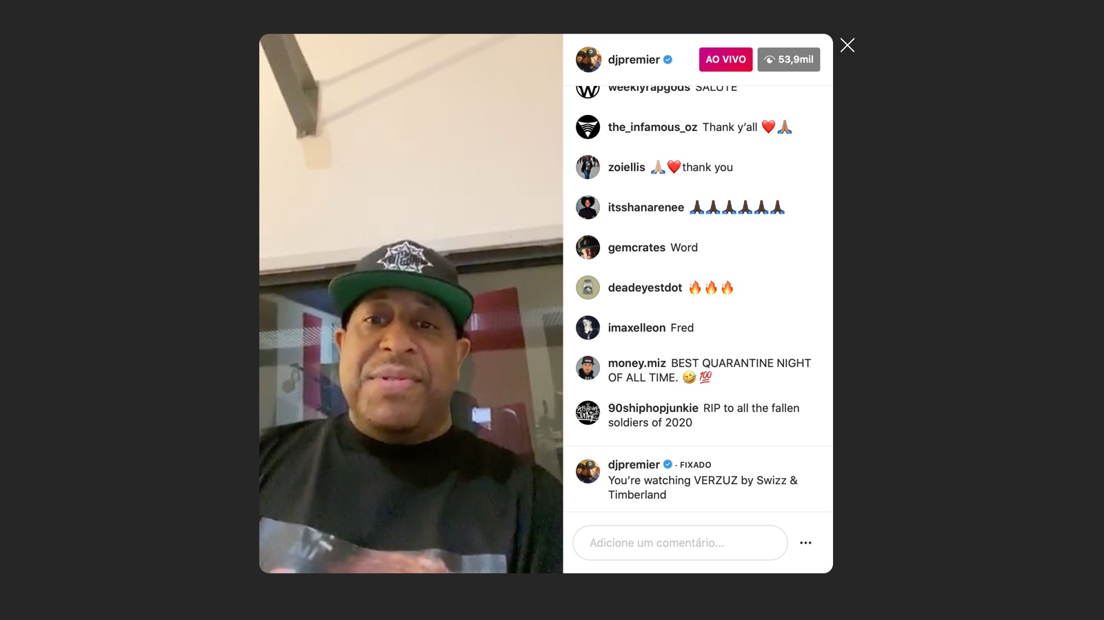 Live do DJ Premier no Instagram vista de um navegador no computador