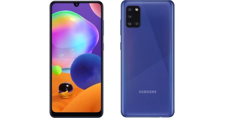 Smartphone Samsung Galaxy A31 em duas imagens, de frente e de trás. O aparelho é da cor roxa.