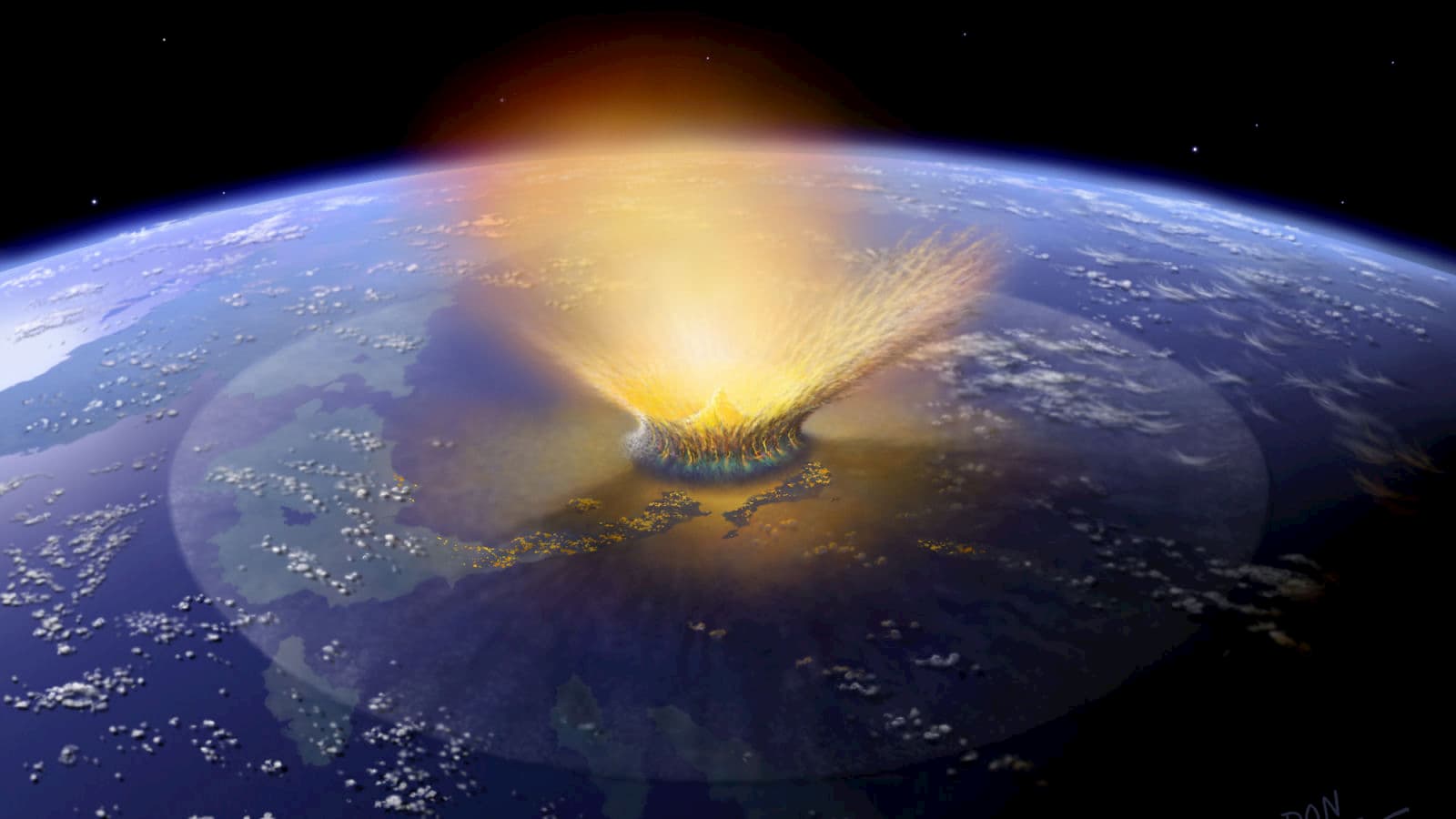 Representação artística de um grande asteroide atingindo a Terra