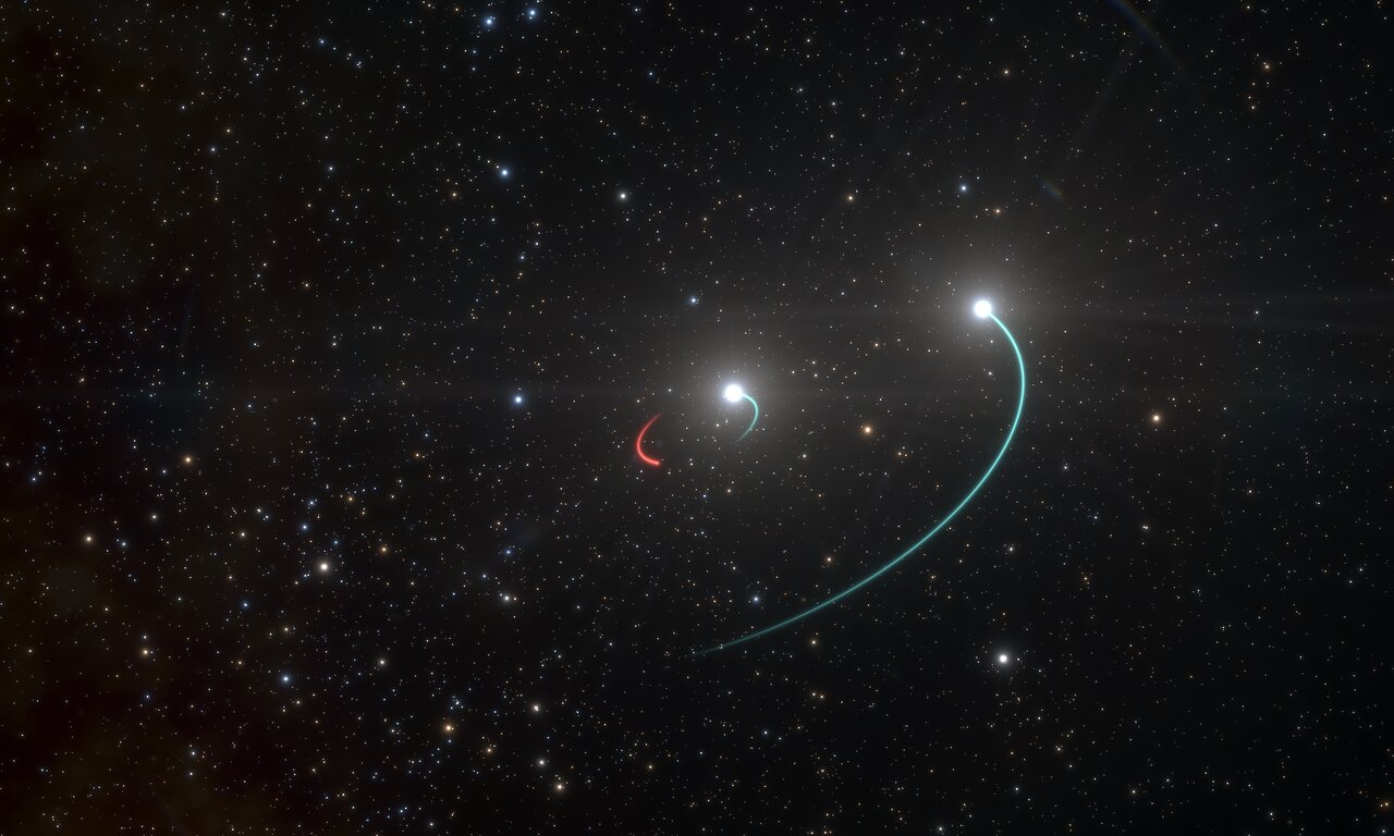 Impressão artística do sistema de estrelas, com o buraco negro na área em vermelho. Crédito: ESO/L. Calçada