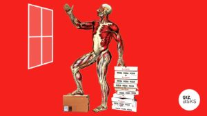 Ilustração com a anatomia do corpo humano ao lado de caixas de pizza