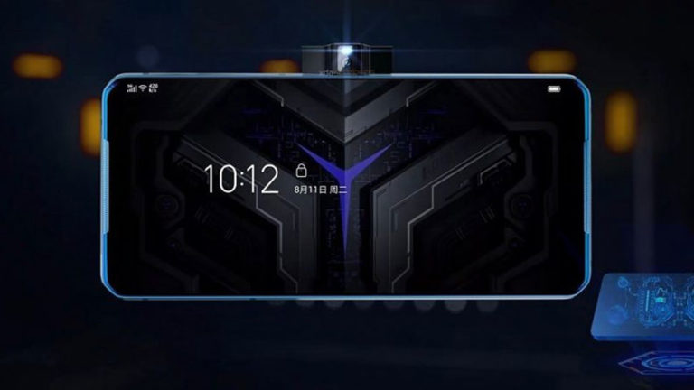 Smartphone Lenovo na horizontal com a câmera em uma "casinha" que salta da lateral do aparelho.
