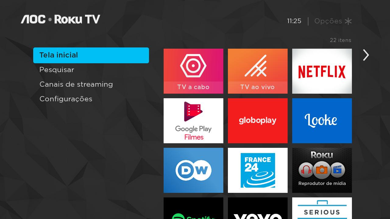 Interface da plataforma RokuOS em TV da Aoc