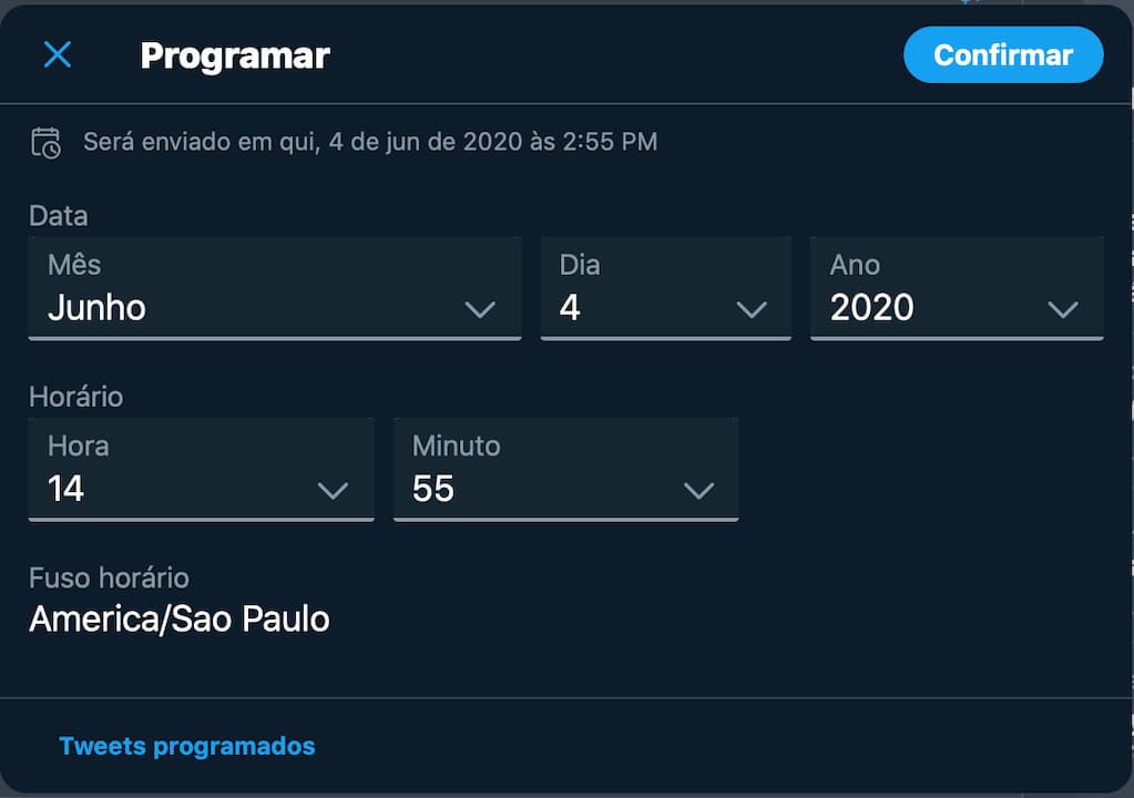 Campo para agendar posts no Twitter web