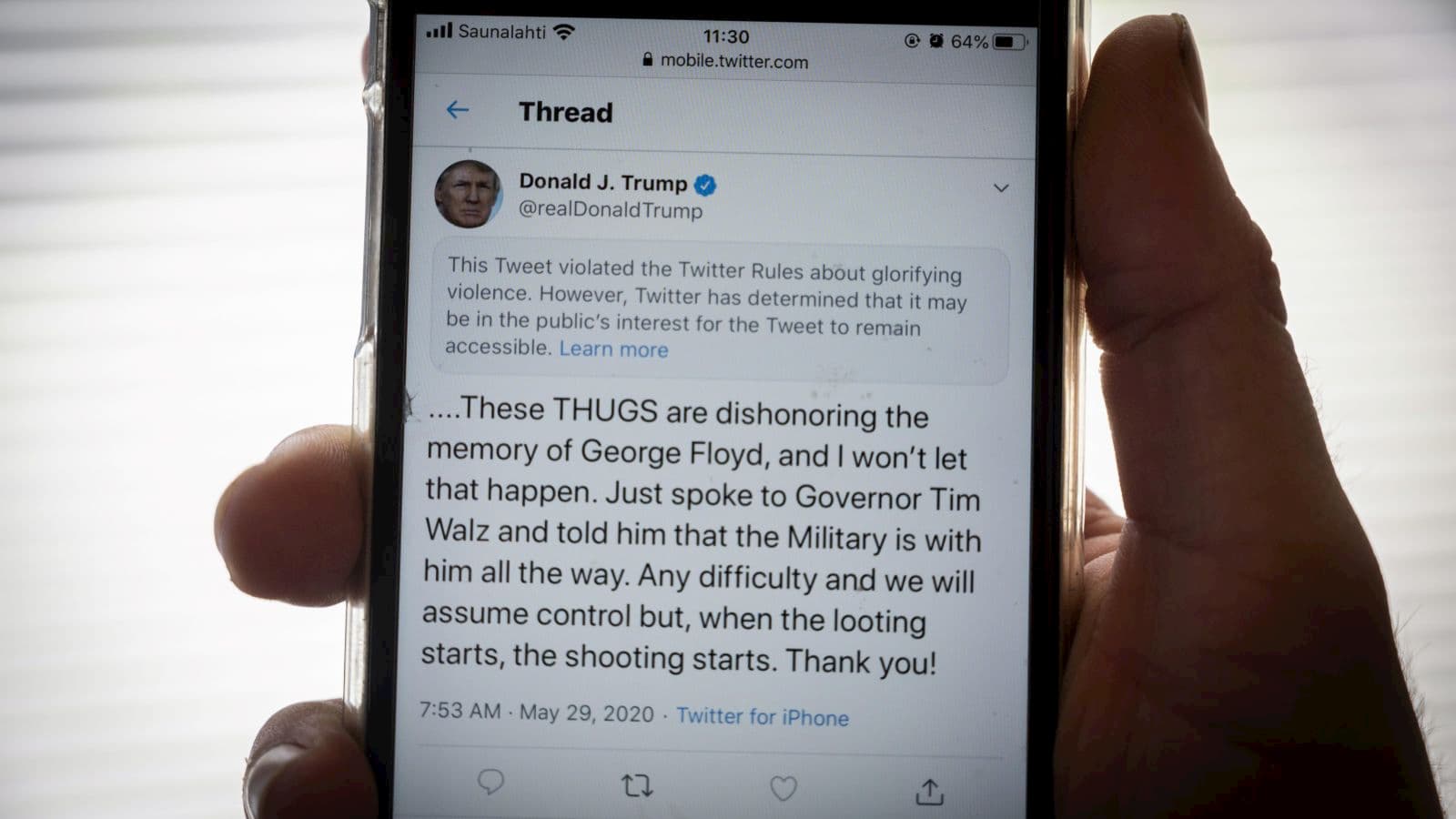 Tuíte do presidente dos EUA, Donald Trump, com ameaças contra manifestantes
