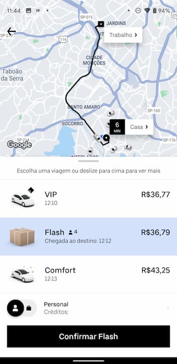 Tela do app Uber ao pedir um Uber Flash