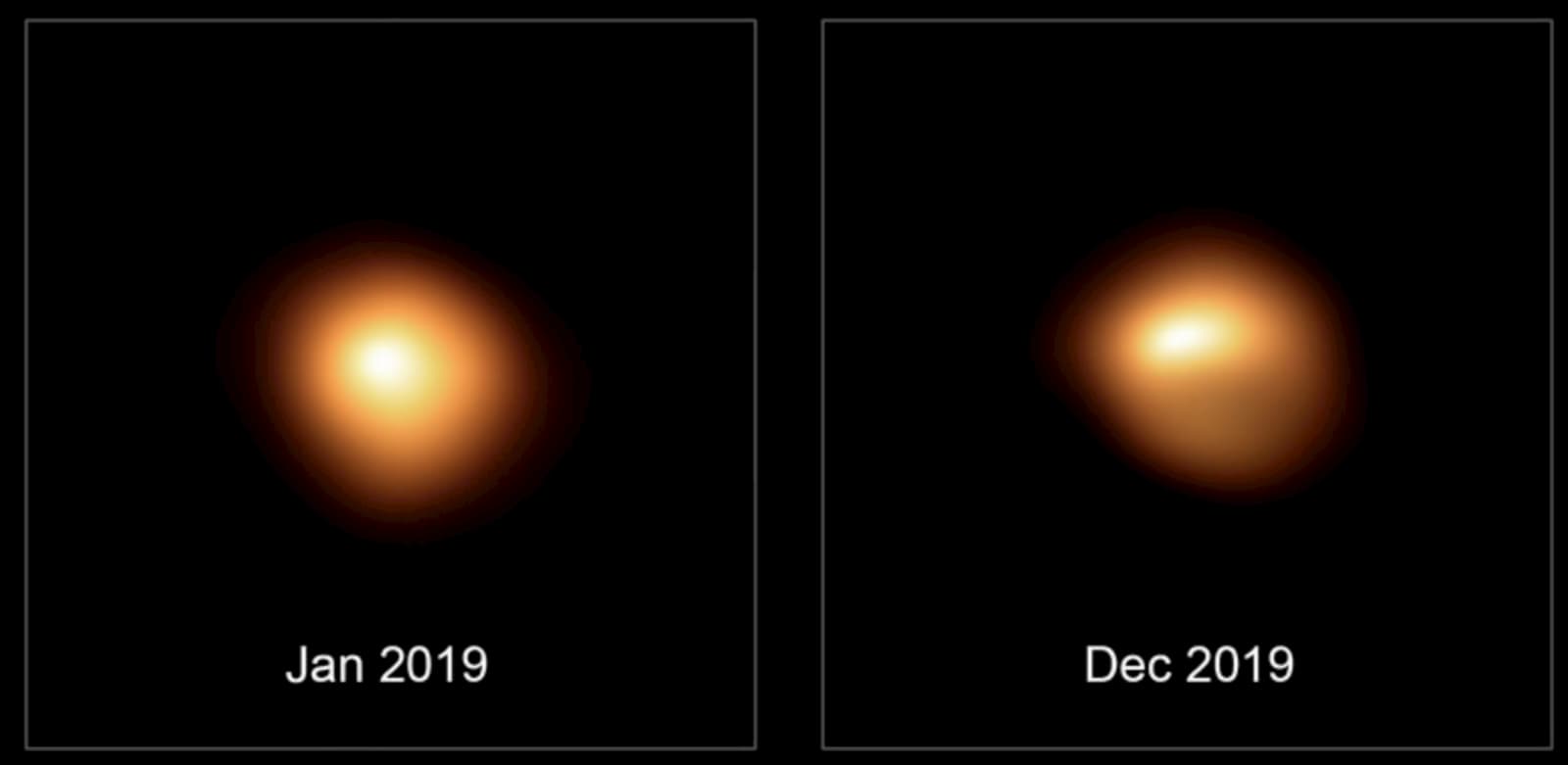 Imagens de alta resolução de Betelgeuse mostram a distribuição do brilho na luz visível em sua superfície antes e durante seu escurecimento