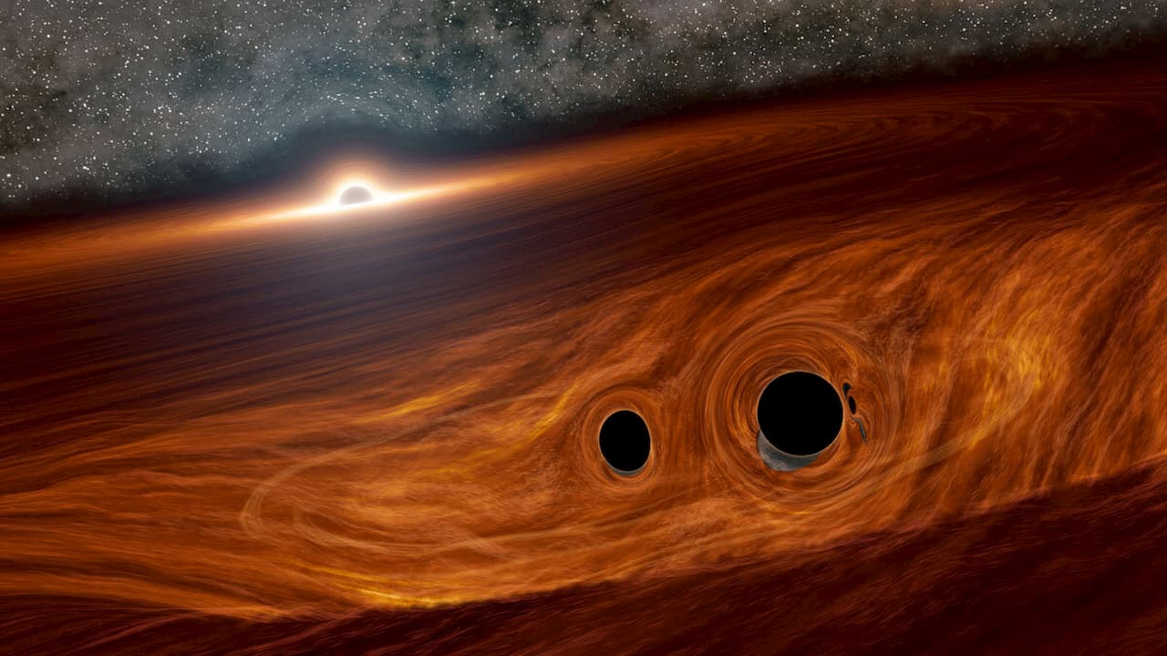 Imagem conceitual de dois buracos negros a beira de uma fusão, situados dentro do disco gasoso de um buraco negro supermassivo vizinho