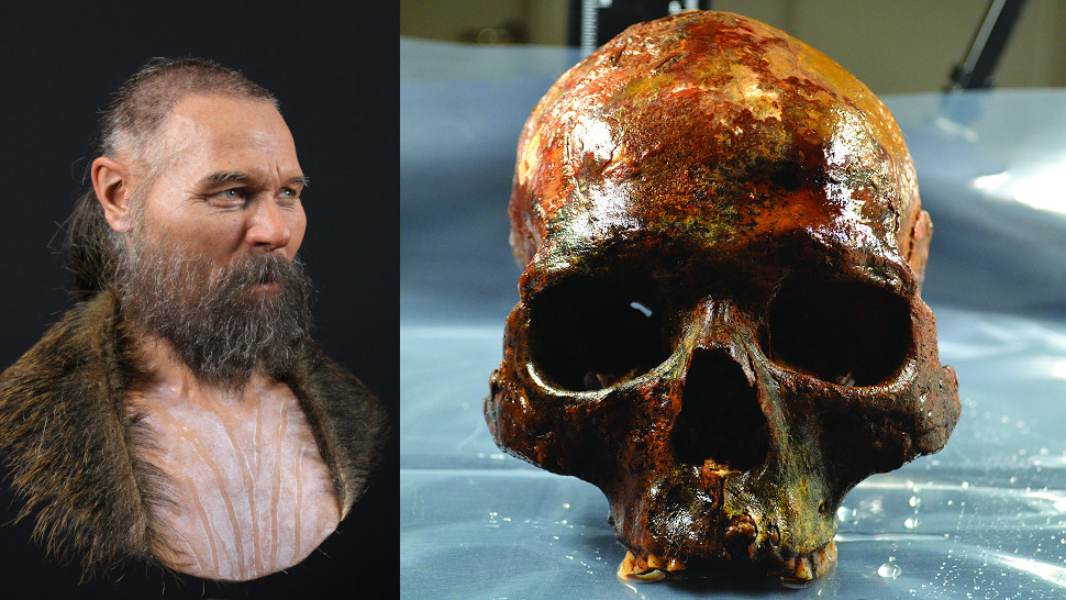 À esquerda: reconstrução facial do homem mesolítico da Suécia. À direita: seu crânio, no qual a reconstrução foi baseada. Crédito: Oscar Nilsson/S. Gummesson et al., 2018