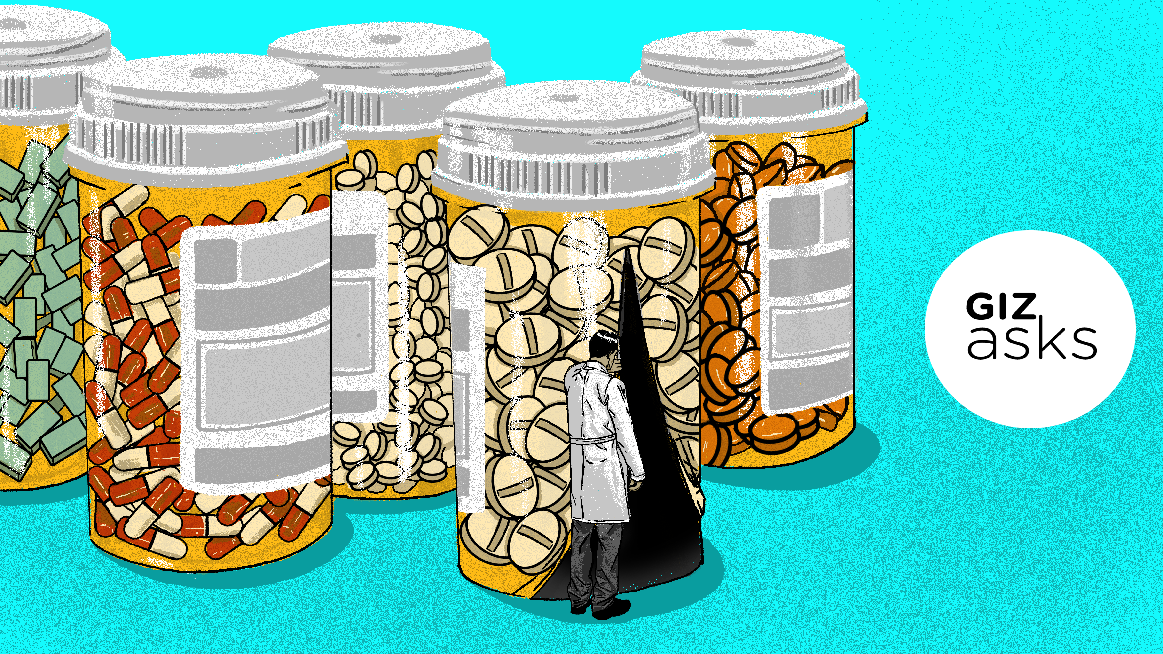 Arte com frascos com pílulas de placebo. Crédito: Benjamin Currie/Gizmodo
