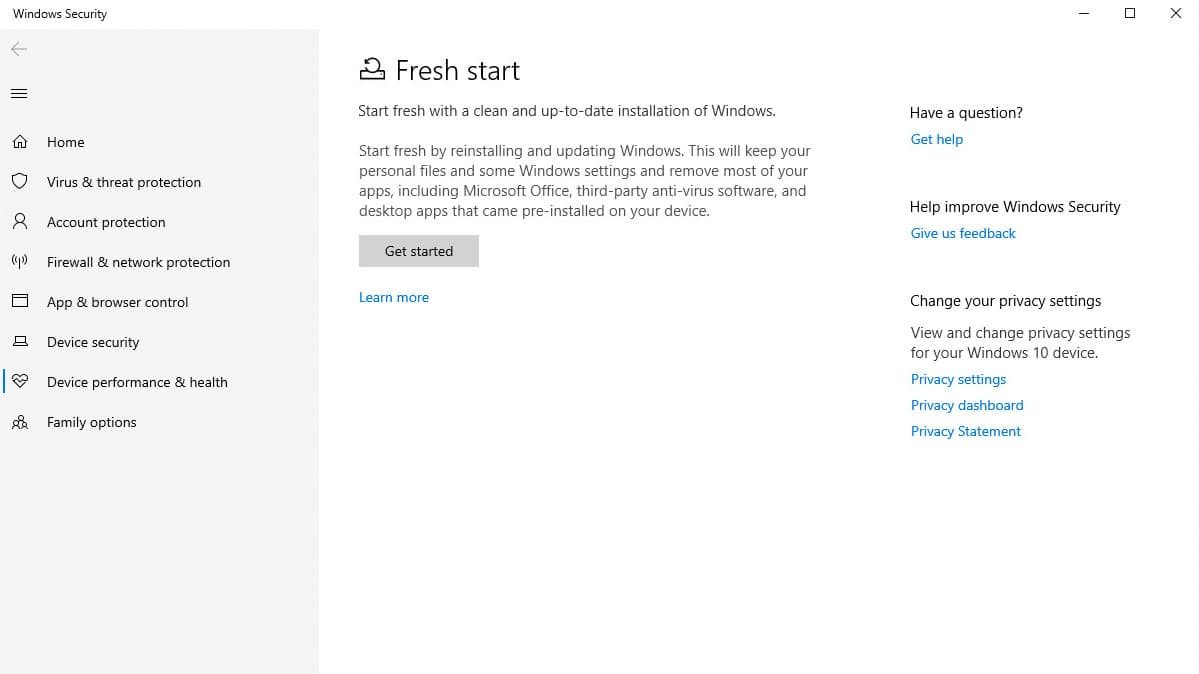 Página do Novo Início no Windows 10