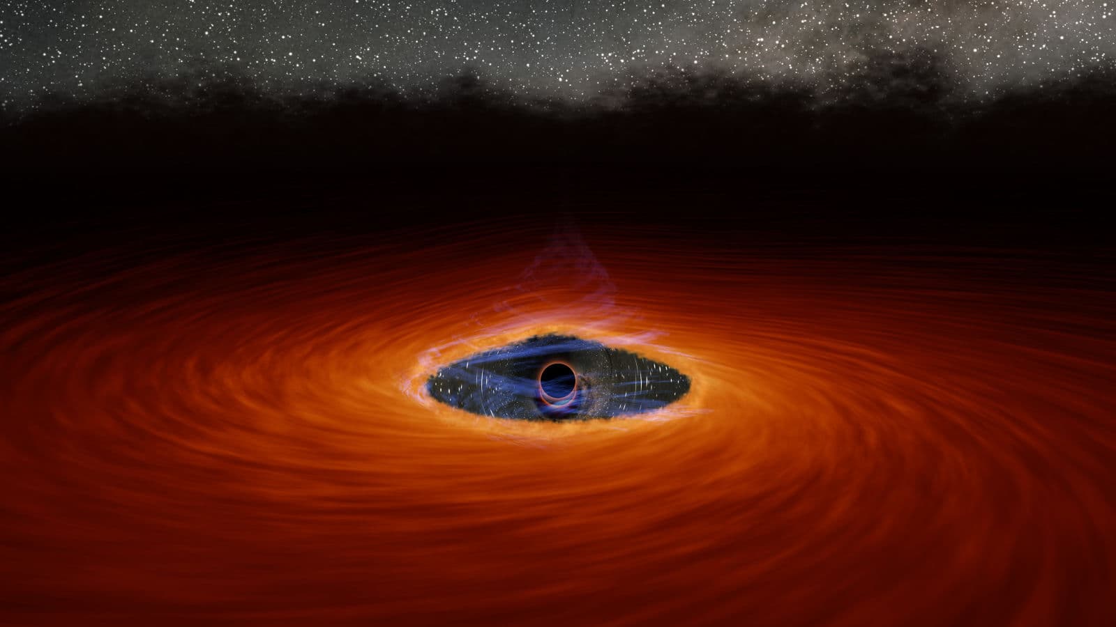 Concepção artística mostrando a corona destruída e a fenda que separa o buraco negro do disco de acreção