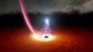 Conceito artístico do buraco negro supermassivo cercado por um disco de gás quente e uma corona de raio-x (mostrada em branco-azulado). A faixa rosada são detritos caindo no buraco negro – os restos despedaçados de uma estrela fugitiva
