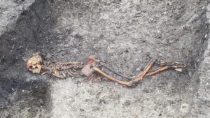 Esqueleto de homem adulto achado em Wellwick Farm, no Reino Unido. Crédito: HS2