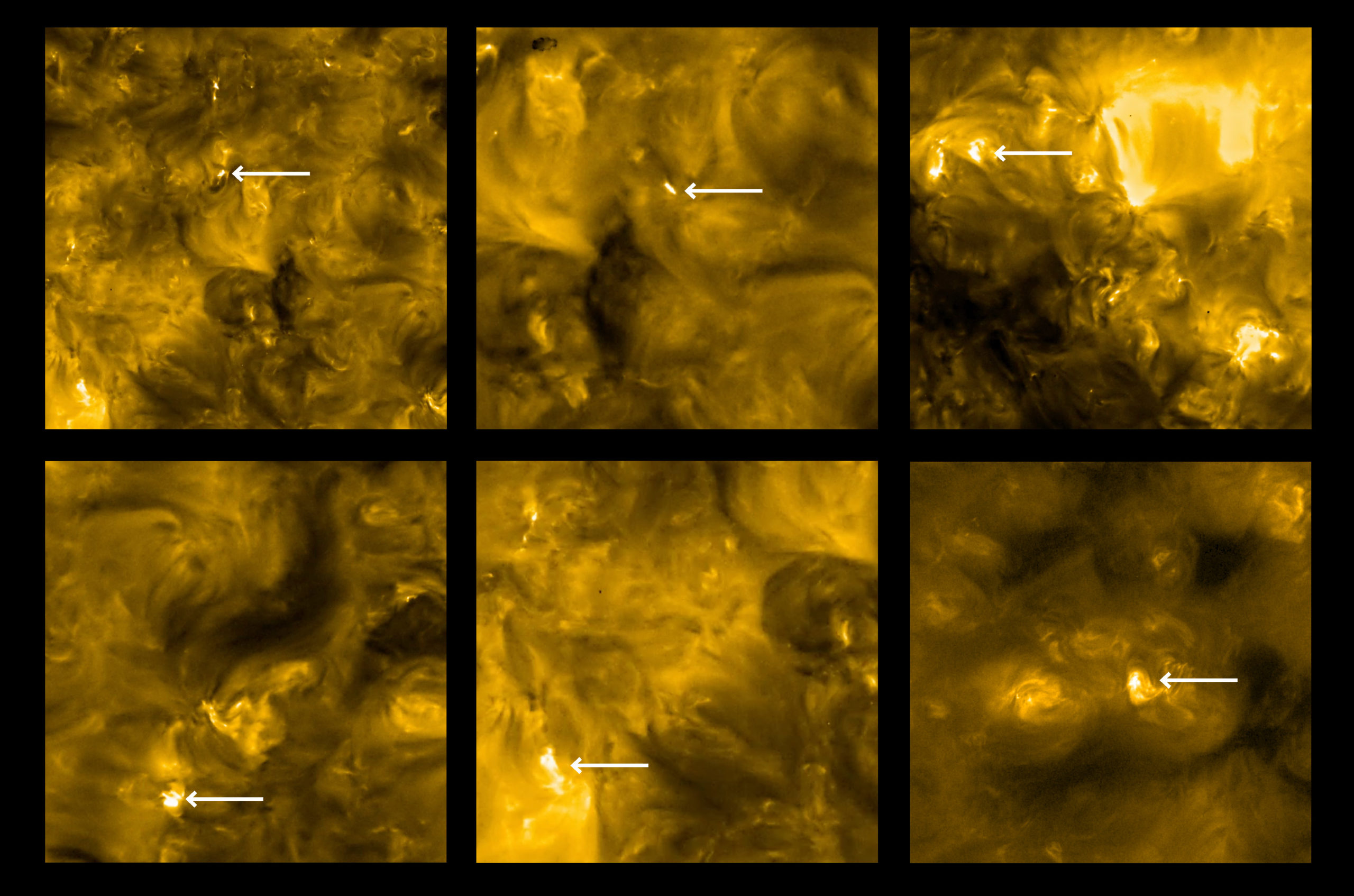 Setas indicam os efeitos das fogueiras. Crédito: Solar Orbiter/EUI Team (ESA & NASA); CSL, IAS, MPS, PMOD/WRC, ROB, UCL/MSSL