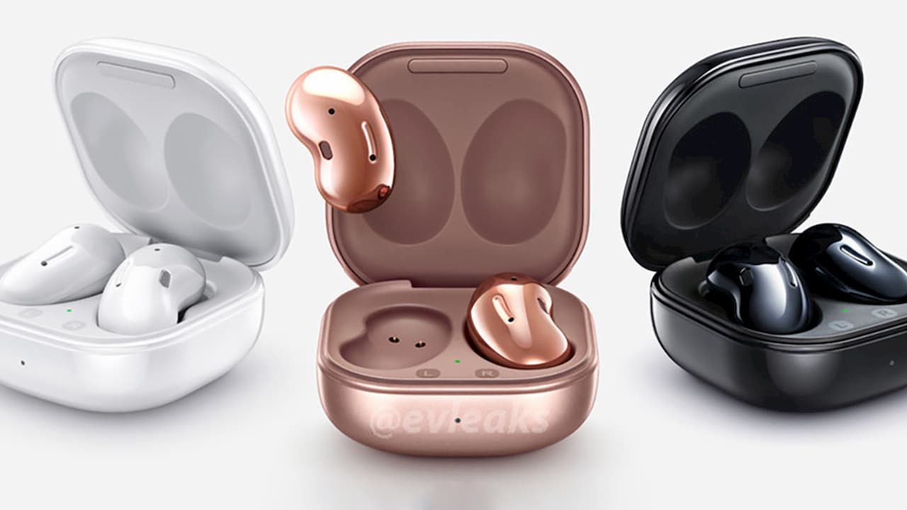 Fones de ouvido Galaxy Buds Live que têm formato parecido com feijões em três cores: branco, bronze e preto