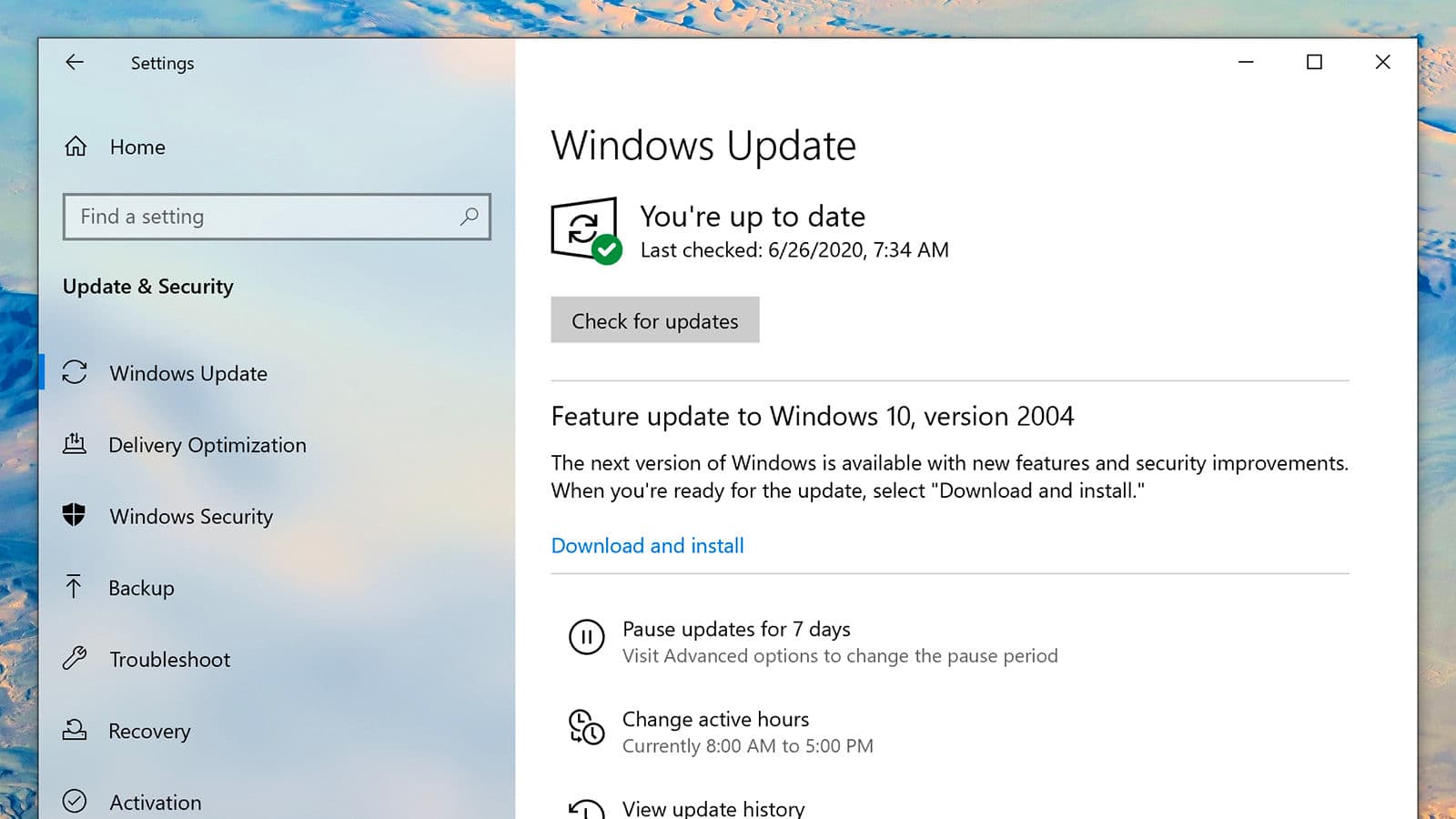 Menu de atualização de software do Windows 10