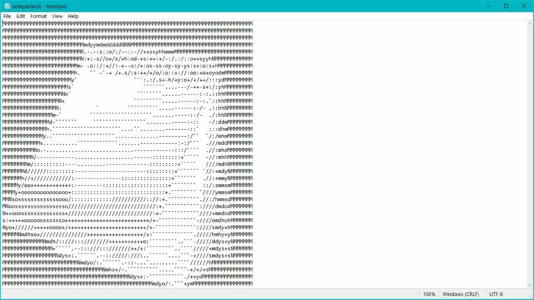 Janela do Notepad com conjunto de caracteres representando o ícone do programa
