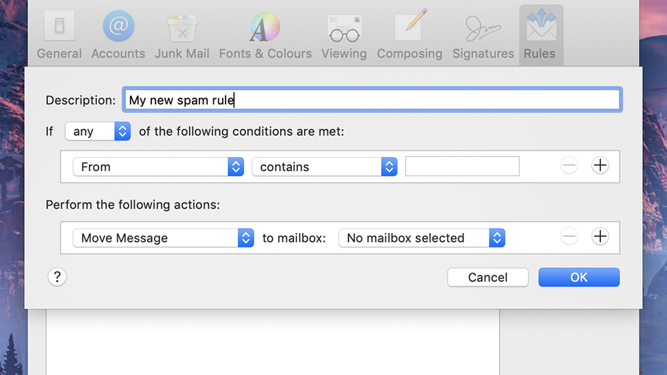 Interface do Apple Mail para criar regras de e-mail. Crédito: Gizmodo