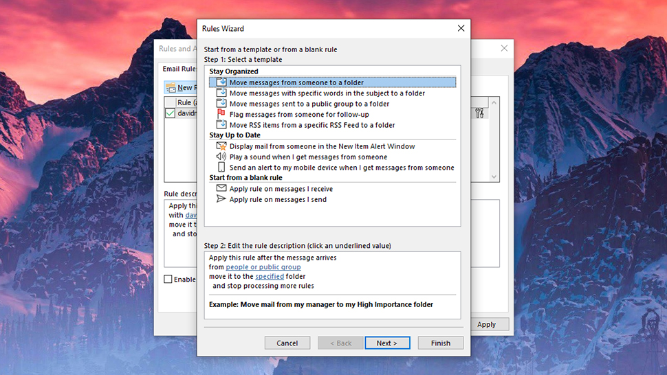 Interface do Outlook para criar regras para e-mails. Crédito: Gizmodo