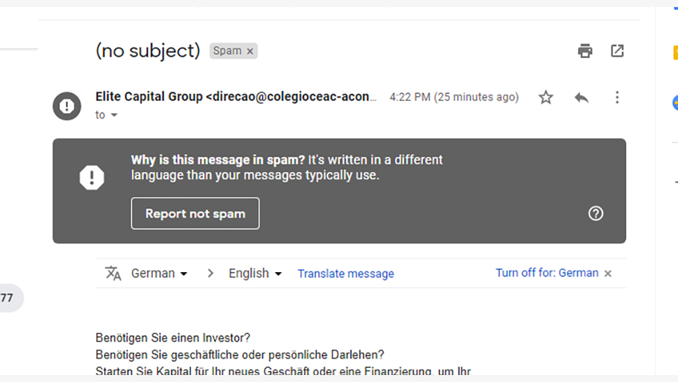 Interface de e-mail do Gmail em que mostra uma mensagem de spam. Crédito: Gizmodo