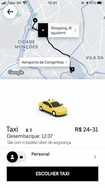 Tela do aplicativo do Uber na opção táxi