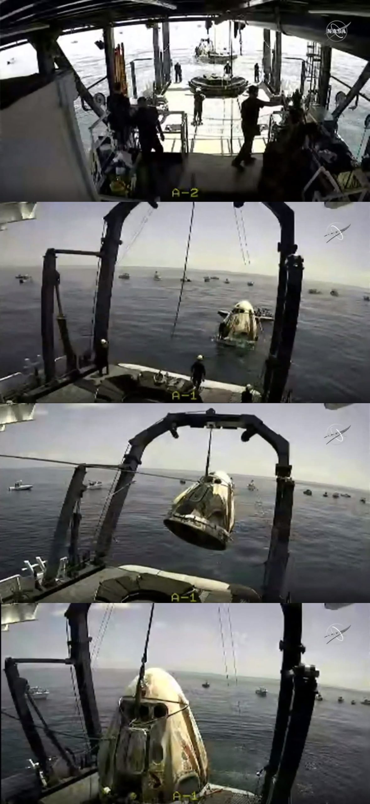 Sequência de imagens mostra cápsula Crew Dragons sendo recuperada no mar pela embarcação Go Navigator. Crédito: NASA