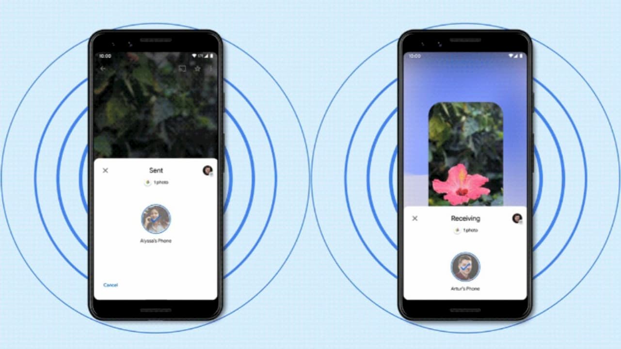 Ilustração de dois smartphones Android usando o Nearby Sharing