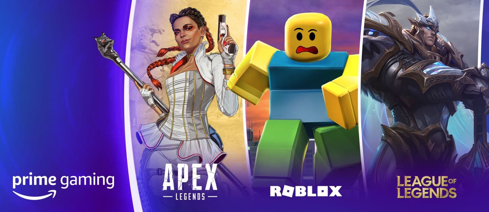 Imagem promocional do Prime Gaming com ilustrações dos jogos Apex Legends, Roblox e League of Legends