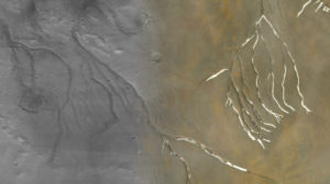 Uma colagem mostra vales de Marte (em cinza) sobreposta com canais da ilha Devon (bronze), revelando várias similaridades. Crédito:  Anna Grau Galofre/Arizona State University