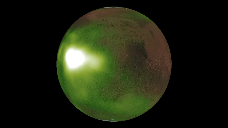 Céu noturno de Marte é observado em luz ultravioleta. Crédito: NASA/MAVEN/Goddard Space Flight Center/CU/LASP