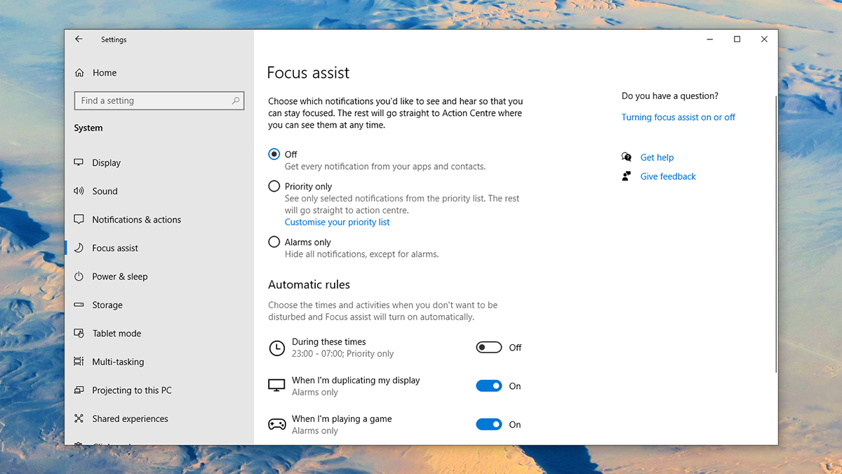 Recurso de configuração de assistente de foco do Windows 10