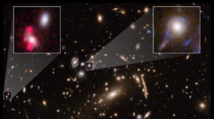 Imagem do Hubble mostrando o aglomerado de galáxias MACSJ 1206, com galáxias individuais inseridas e distorcidas por um efeito astronômico conhecido como lente gravitacional. Imagem: NASA, ESA, G. Caminha (Universidade de Groningen), M. Meneghetti (INAF/Observatório de Astrofísica e Ciências Espaciais de Bolonha), P. Natarajan (Universidade de Yale), equipe CLASH
