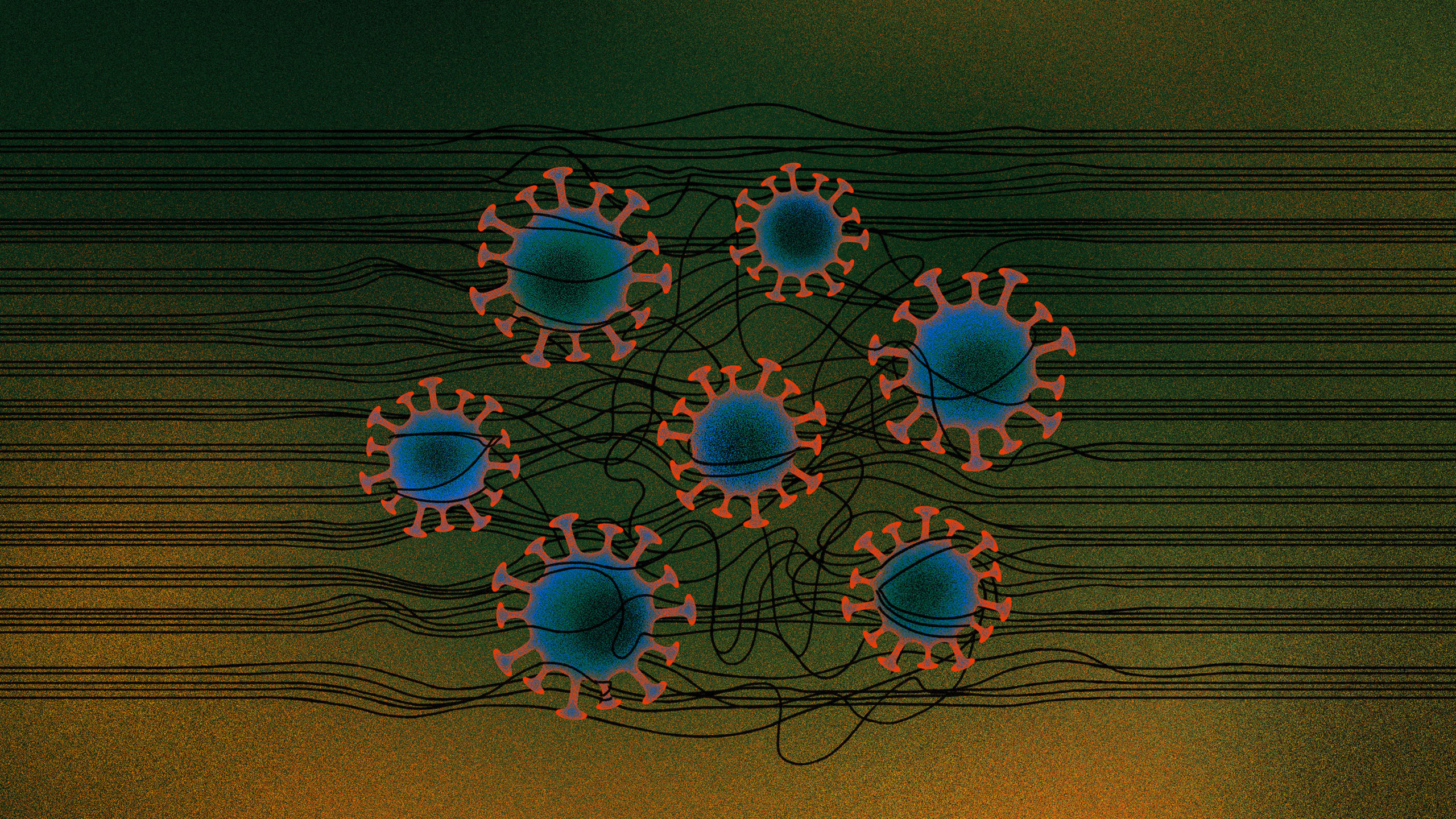 Ilustração com células do coronavírus interligadas. Ilustração por Angelica Alzona/Gizmodo