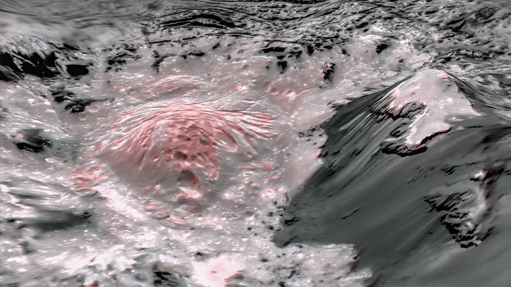 Cor falsa mostra porções interiores da cratera Occator. As áreas rosas indicam regiões que que a salmoura foi exposta na superfície de Ceres. Crédito: NASA/JPL-Caltech/UCLA/MPS/DLR/IDA