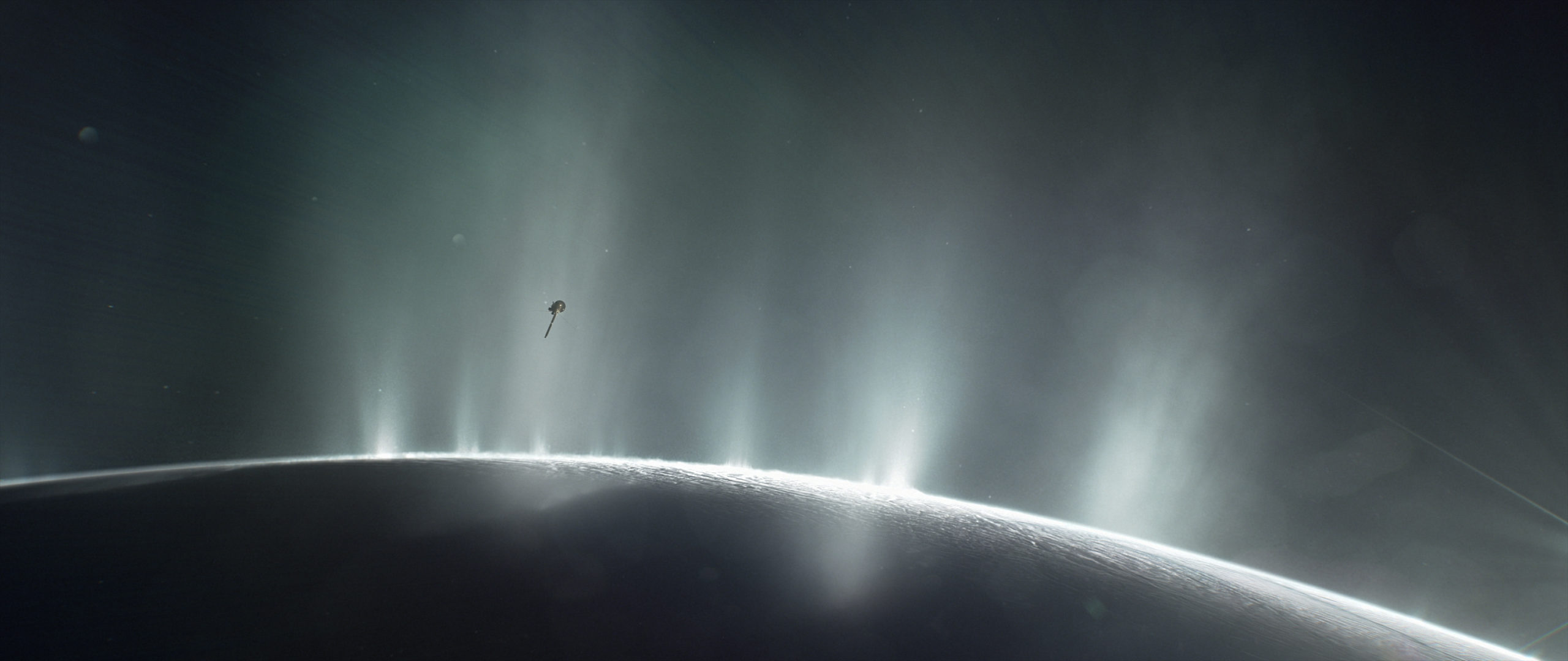 Representação artística da sonda Cassini viajando através dos gêiseres disparados de Enceladus. Crédito: NASA/JPL-Caltec