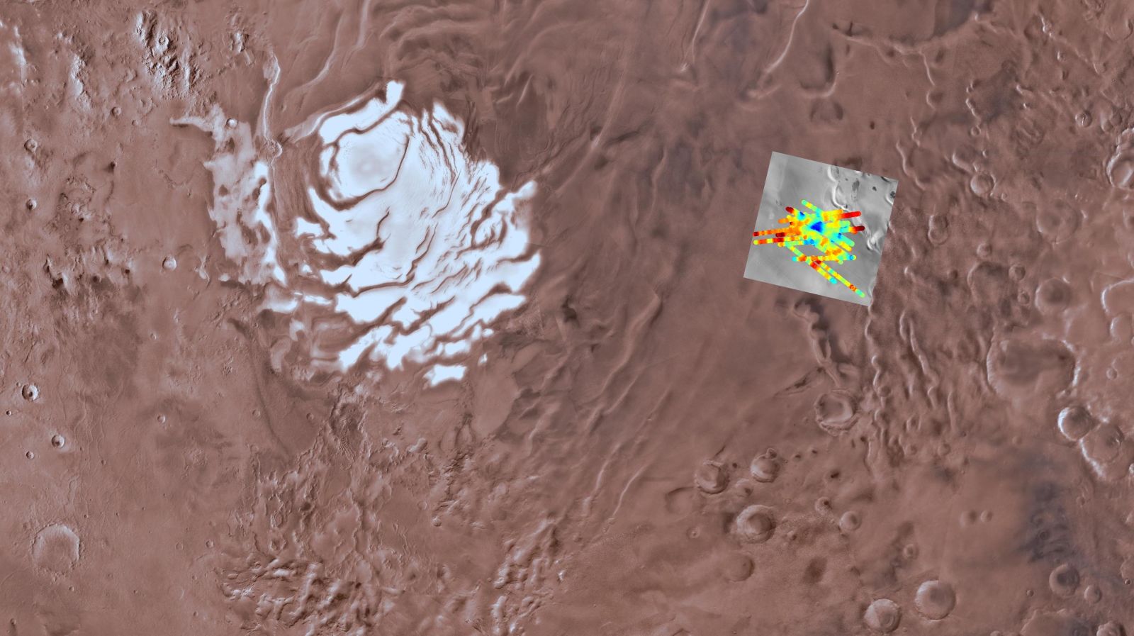 Imagem em mosaico mostra a localização de um suposto reservatório subterrâneo, em que a cor azul representa a água líquida. Crédito: USGS Astrogeology Science Center, Arizona State University, INAF