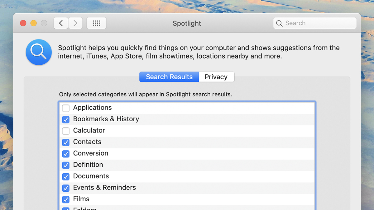 Recurso do macOS para limitar itens a serem buscados no Spotlight