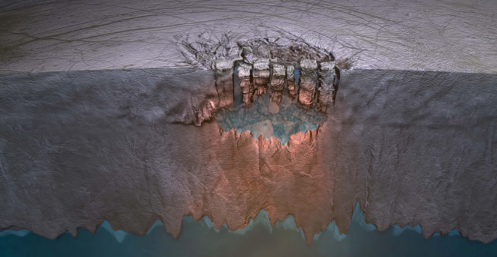 Representação artística do terreno caótico de Europa. Crédito: NASA