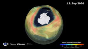 Animação mostrando buraco na camada de ozônio na Antártica durante setembro. Crédito: ECMWF