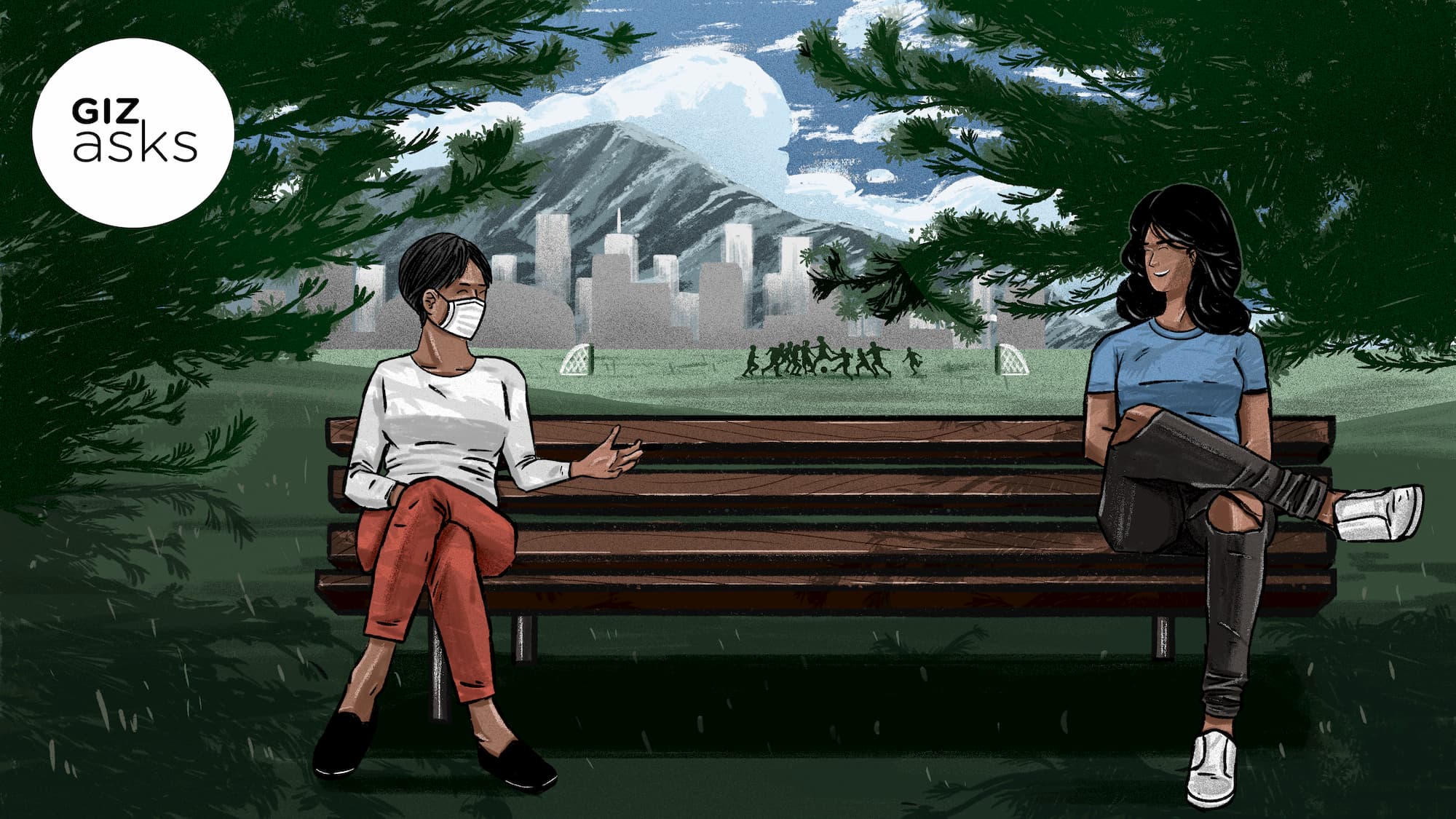 Duas mulheres sentadas no banco em um parque praticando distanciamento social. Ilustração por Benjamin Currie/Gizmodo