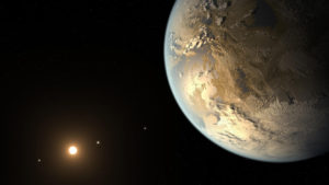 Impressão artística de um planeta na zona habitável do universo. Crédito: NASA