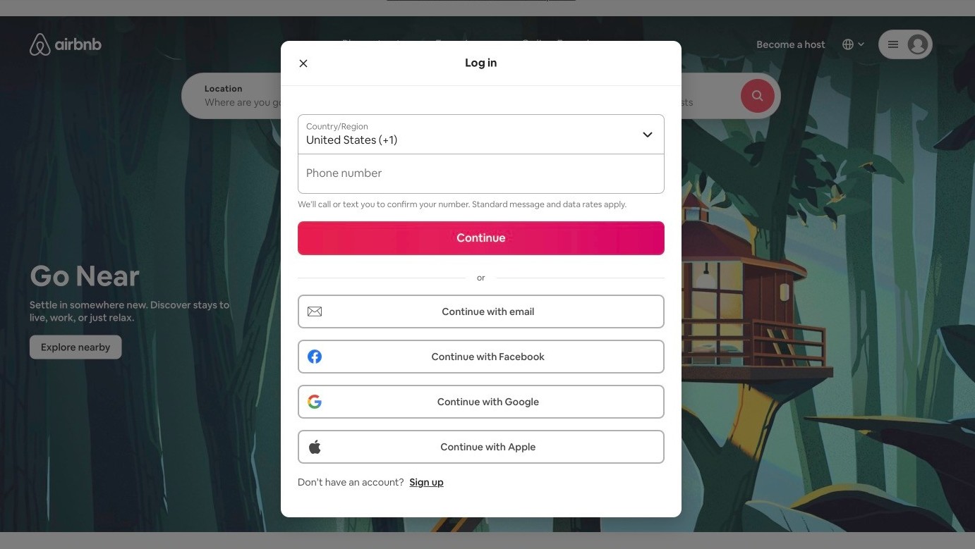 Página de login do Airbnb. Crédito: Reprodução