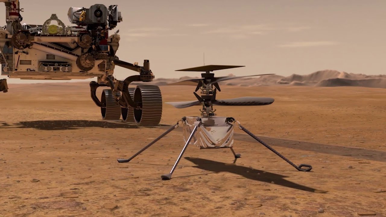 Rover Perseverance e Helicóptero Ingenuity no solo de Marte 