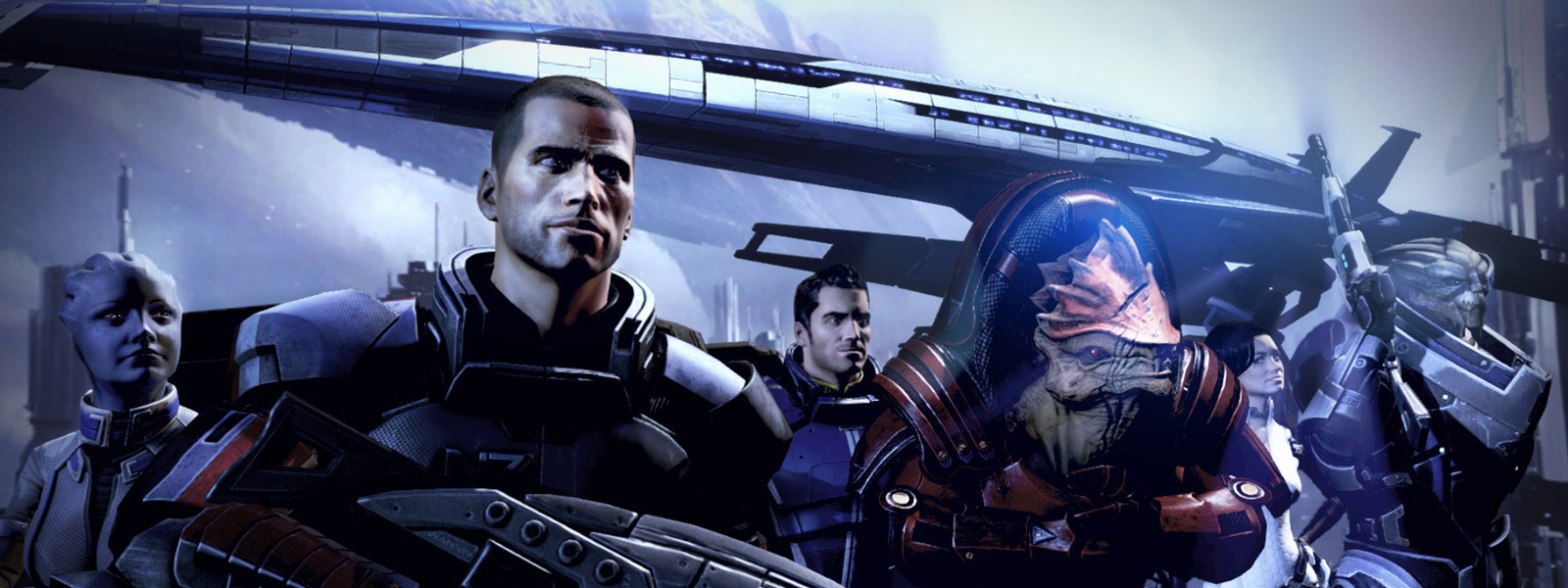 Liara T’Soni, Comandante Shepard, Kaiden Alenko, Urdnot Wrex, Miranda Lawson e Garrus Vakarian estão em frente ao SR3 da Normandia. Imagem: BioWare / EA