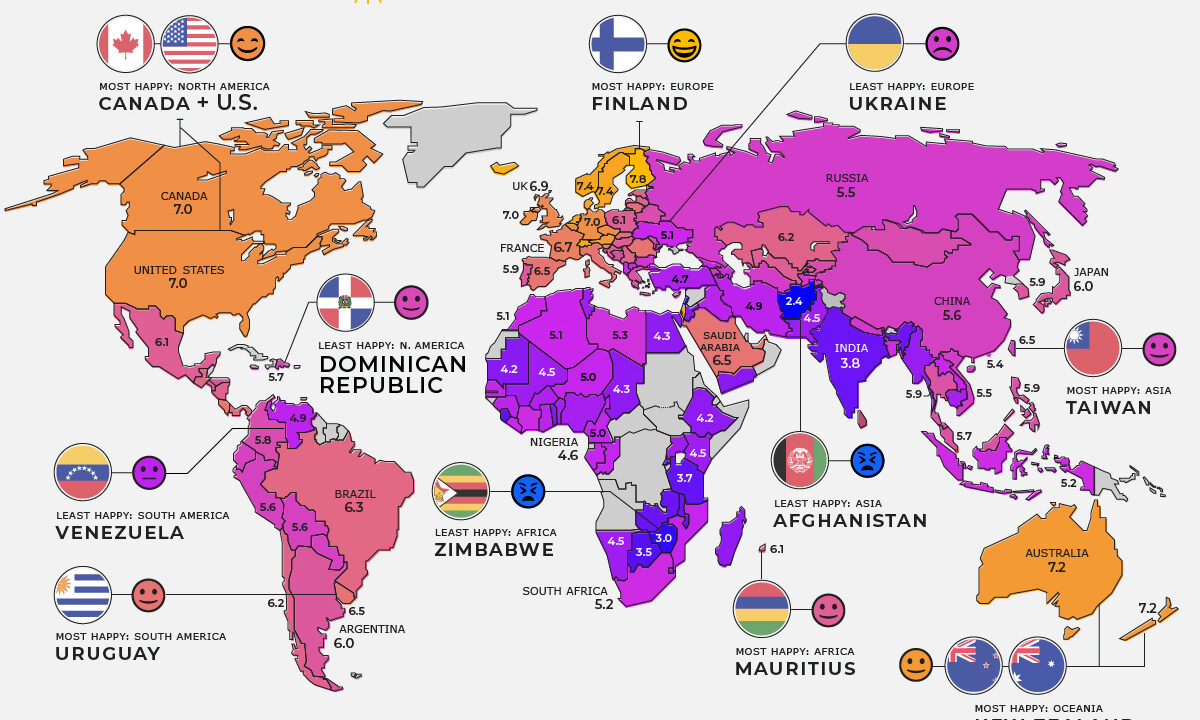Mapa mostra índice de felicidade em cada país; confira o líder e a