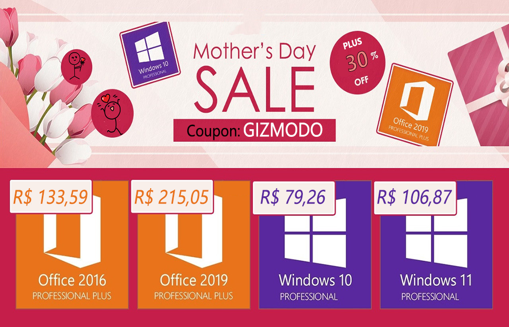 Aproveite a promoção de Dia Das Mães para garantir licenças vitalícias para Windows 10 Pro e Pacote Office com cerca de 90% de desconto!