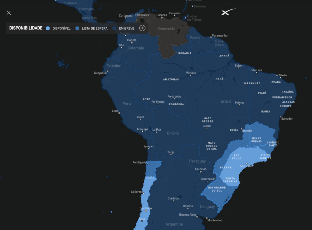 Mapa mostra a disponibilidade do serviço da Starlink no Brasil.